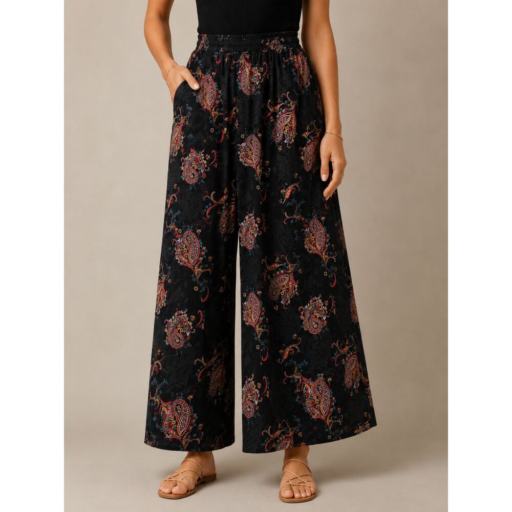 Torrid Size 2R Paisley Wide Leg Pants Black Boho Palazzo Pull-On Flowy Plus Size